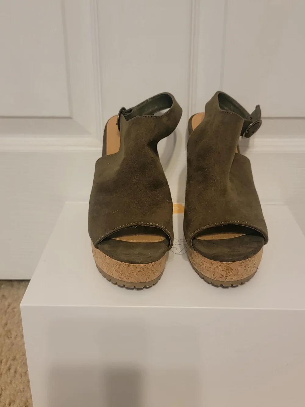 Olive Suede Cork Wedge Sandals - Women's Peep Toe Slingback